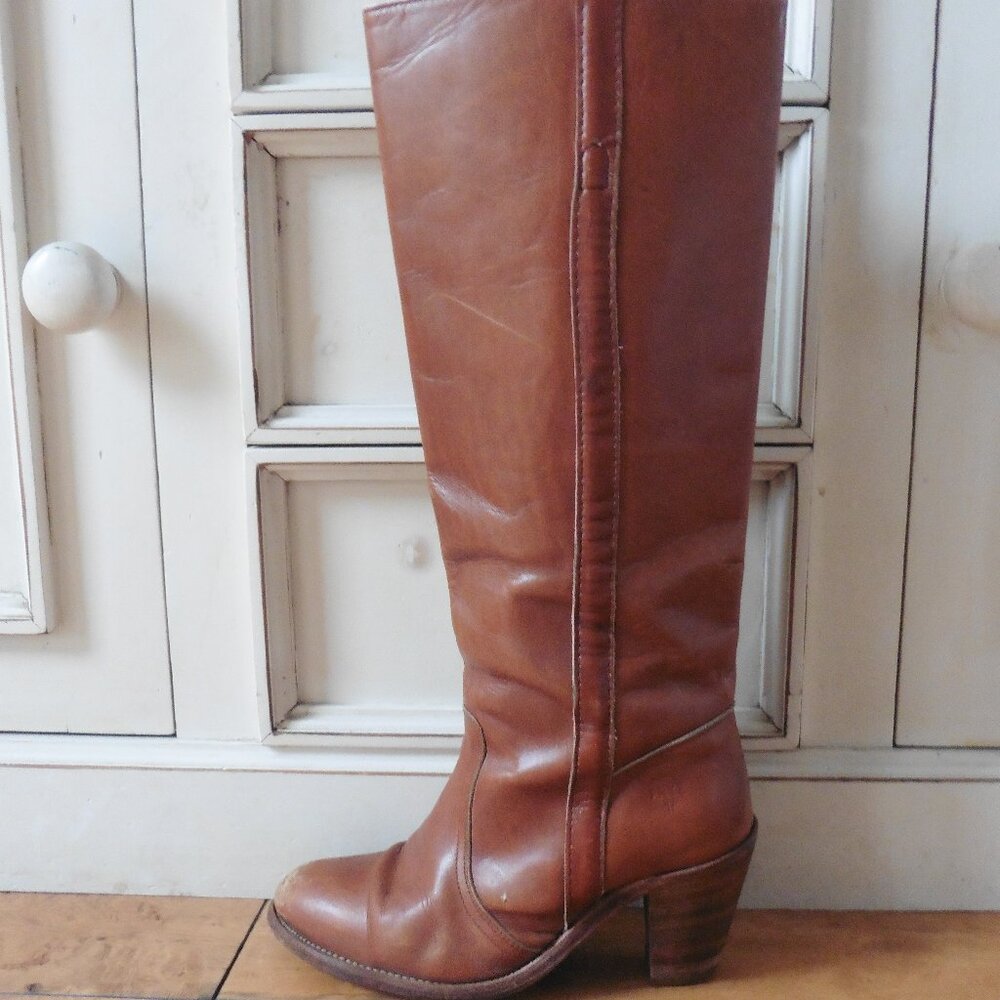 Frye Women's Tall Leather Heeled Boots in Cognac Brown